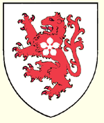 Argent a lion rampant gules charged on the shoulder with a cinquefoil of the field