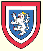 Gules an orle argent an escutcheon azure a lion rampant of the second crowned or