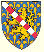 Azure semy de lis a lion rampant or overall a bendlet componny argent and gules
