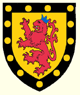 Or a lion rampant gules crowned azure a bordure sable bezanty 
