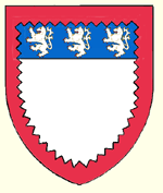 Argent on a chief azure three lions rampant of the field all with a bordure indented gules