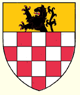 Checky argent and gules on a chief or lion rampant issuant sable 