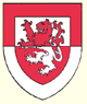 Per fess argent and gules a lion rampant within a bordure all per fess counterchanged 