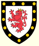 Argent a lion rampant gules crowned or within a bordure sable bezanty
