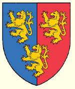 Per pale azure and gules three lions rampant or