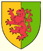 Per pale or and vert overall a lion rampant gules