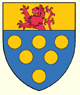 Azure six bezants on a chief or a lion rampant issuant gules 