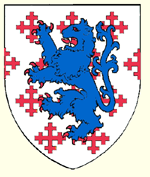 Argent crusilly of crosses crosslet gules a lion rampant azure