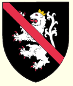 Sable a lion rampant argent crowned or overall a bendlet gules