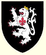 Sable a lion rampant argent crowned or charged on the shoulder with a fleur de lis de gueules