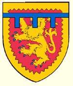 Gules a lion rampant and a bordure indented or a label azure