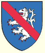 Azure a lion rampant argent overall a bend gules